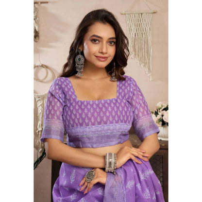 Generic Women's Linen Cotton Printed Ready To Wear Saree With Unstitched Blouse 5.5 Mtr (Lavender)
