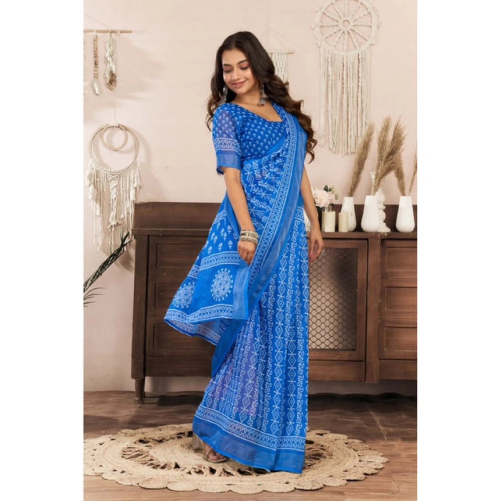 Generic Women's Linen Cotton Printed Ready To Wear Saree With Unstitched Blouse 5.5 Mtr (Blue)