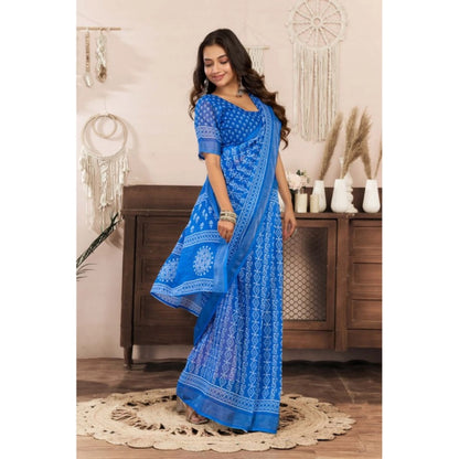 Generic Women's Linen Cotton Printed Ready To Wear Saree With Unstitched Blouse 5.5 Mtr (Blue)