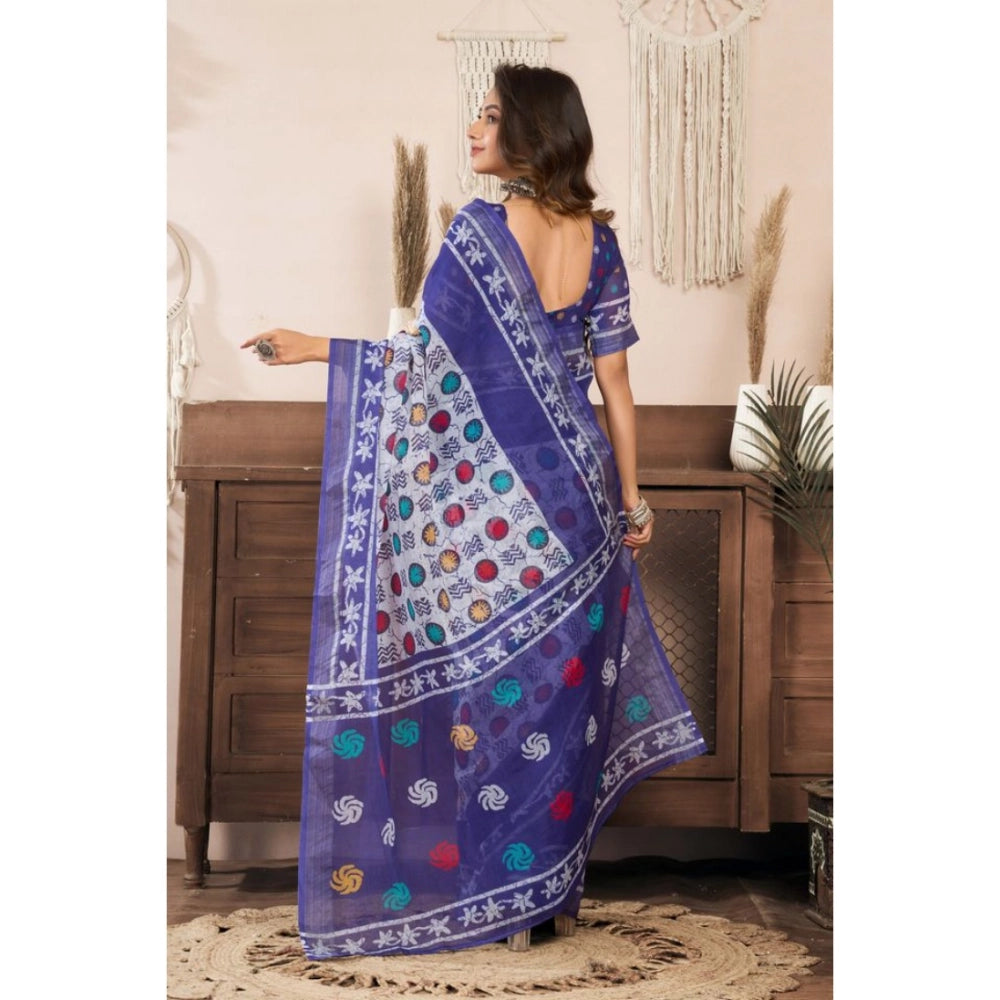 Generic Women's Linen Cotton Printed Ready To Wear Saree With Unstitched Blouse 5.5 Mtr (Blue)