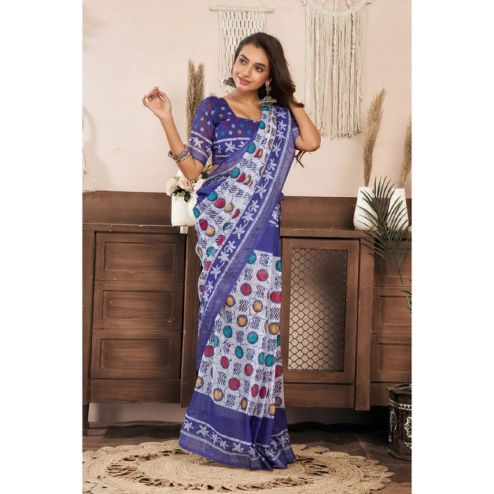 Generic Women's Linen Cotton Printed Ready To Wear Saree With Unstitched Blouse 5.5 Mtr (Blue)