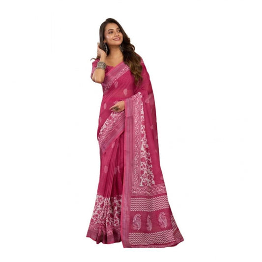 Generic Women's Linen Cotton Printed Ready To Wear Saree With Unstitched Blouse 5.5 Mtr (Pink)