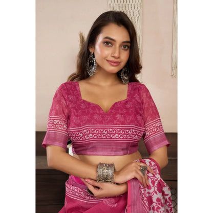 Generic Women's Linen Cotton Printed Ready To Wear Saree With Unstitched Blouse 5.5 Mtr (Pink)
