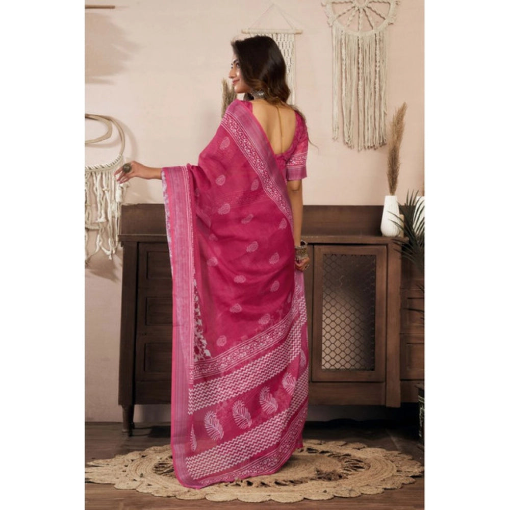 Generic Women's Linen Cotton Printed Ready To Wear Saree With Unstitched Blouse 5.5 Mtr (Pink)