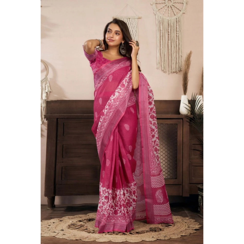 Generic Women's Linen Cotton Printed Ready To Wear Saree With Unstitched Blouse 5.5 Mtr (Pink)