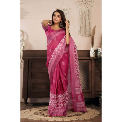 Generic Women's Linen Cotton Printed Ready To Wear Saree With Unstitched Blouse 5.5 Mtr (Pink)
