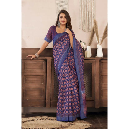 Generic Women's Linen Cotton Printed Ready To Wear Saree With Unstitched Blouse 5.5 Mtr (Dark_Navy_Blue)