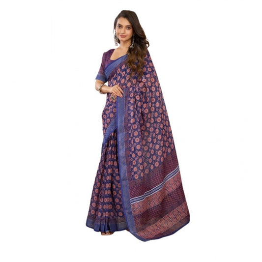Generic Women's Linen Cotton Printed Ready To Wear Saree With Unstitched Blouse 5.5 Mtr (Dark_Navy_Blue)