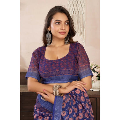 Generic Women's Linen Cotton Printed Ready To Wear Saree With Unstitched Blouse 5.5 Mtr (Dark_Navy_Blue)