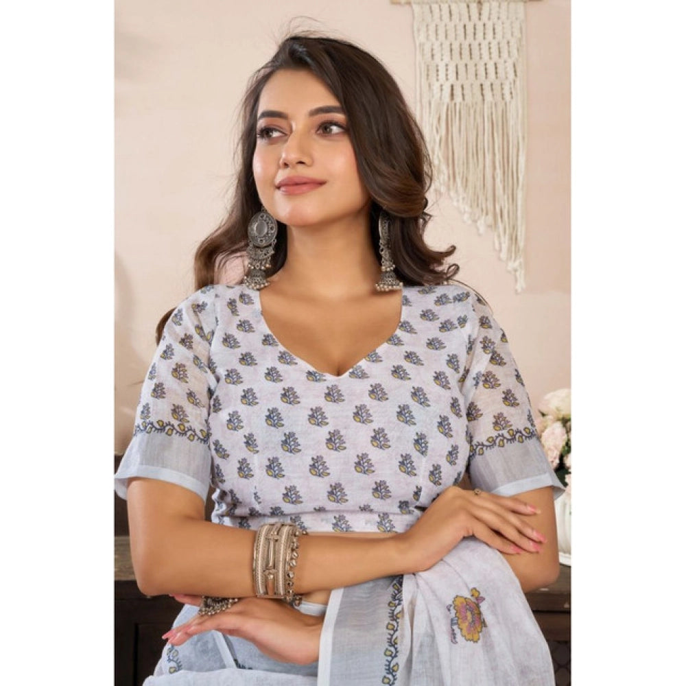 Generic Women's Linen Cotton Printed Ready To Wear Saree With Unstitched Blouse 5.5 Mtr (Off_White)