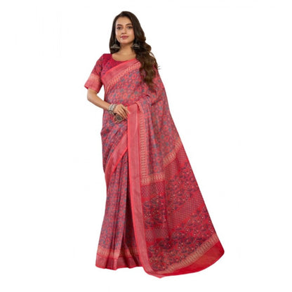 Generic Women's Linen Cotton Printed Ready To Wear Saree With Unstitched Blouse 5.5 Mtr (Red)