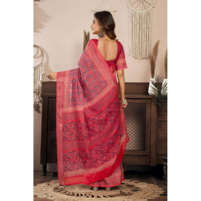Generic Women's Linen Cotton Printed Ready To Wear Saree With Unstitched Blouse 5.5 Mtr (Red)