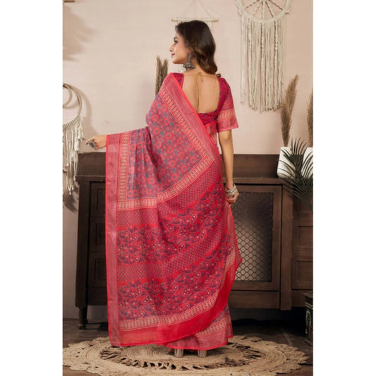 Generic Women's Linen Cotton Printed Ready To Wear Saree With Unstitched Blouse 5.5 Mtr (Red)