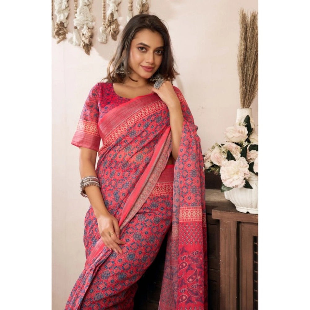 Generic Women's Linen Cotton Printed Ready To Wear Saree With Unstitched Blouse 5.5 Mtr (Red)