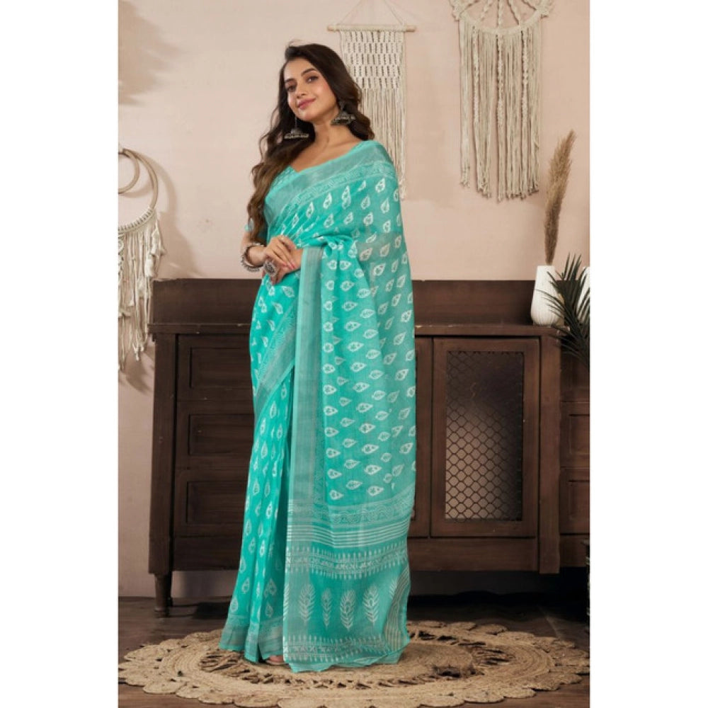 Generic Women's Linen Cotton Printed Ready To Wear Saree With Unstitched Blouse 5.5 Mtr (Sea_Green)