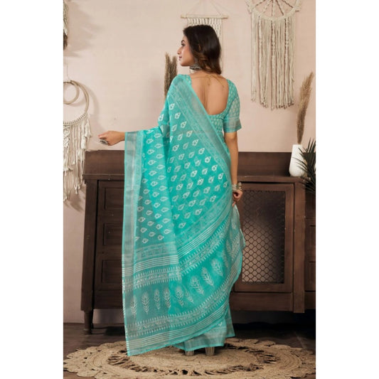 Generic Women's Linen Cotton Printed Ready To Wear Saree With Unstitched Blouse 5.5 Mtr (Sea_Green)