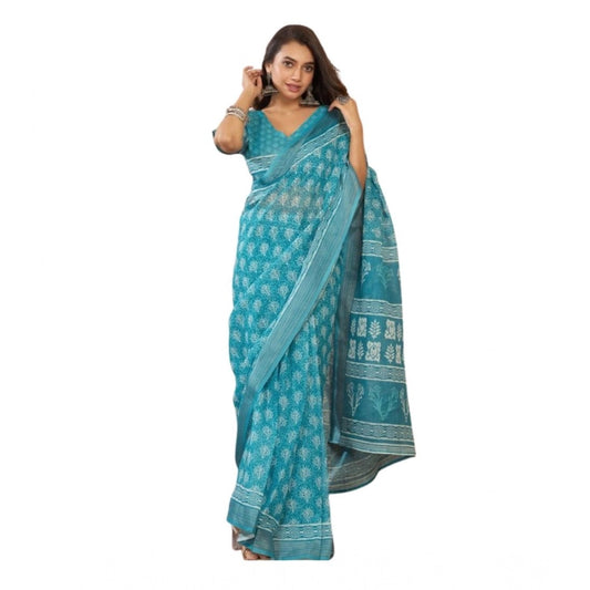 Generic Women's Linen Cotton Printed Ready To Wear Saree With Unstitched Blouse 5.5 Mtr (Aqua_Blue)