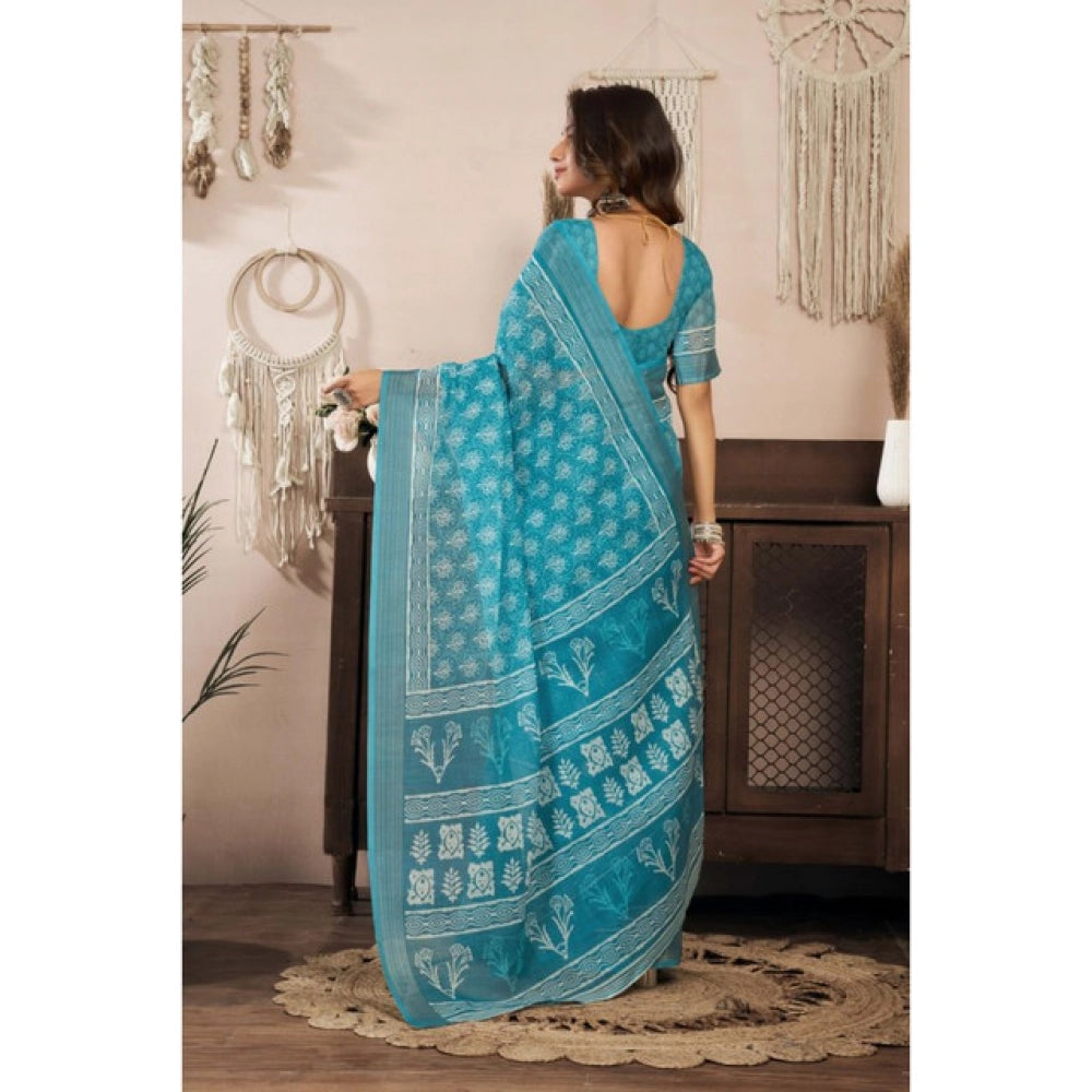 Generic Women's Linen Cotton Printed Ready To Wear Saree With Unstitched Blouse 5.5 Mtr (Aqua_Blue)