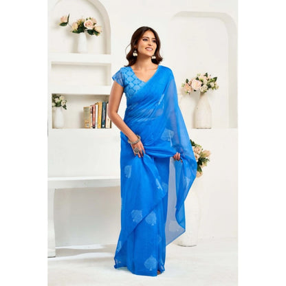 Generic Women's Linen Cotton Printed Ready To Wear Saree With Unstitched Blouse 5.5 Mtr (Royal_Blue)