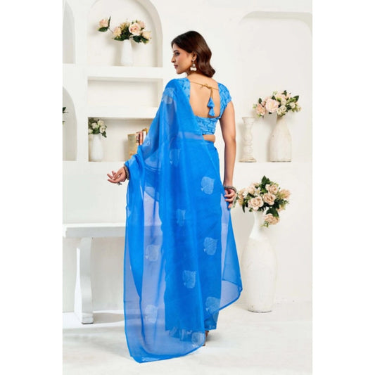 Generic Women's Linen Cotton Printed Ready To Wear Saree With Unstitched Blouse 5.5 Mtr (Royal_Blue)