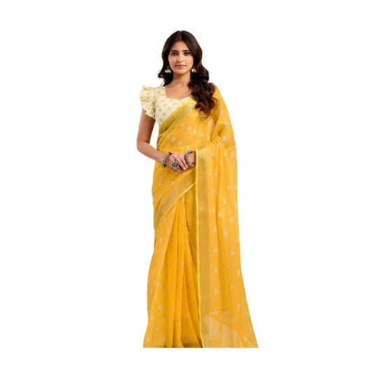 Generic Women's Linen Cotton Printed Ready To Wear Saree With Unstitched Blouse 5.5 Mtr (Yellow)