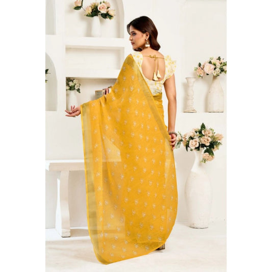Generic Women's Linen Cotton Printed Ready To Wear Saree With Unstitched Blouse 5.5 Mtr (Yellow)
