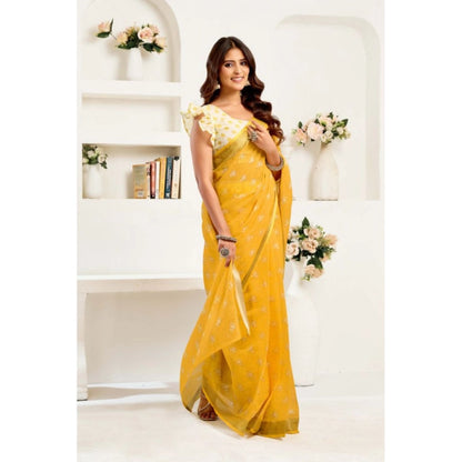 Generic Women's Linen Cotton Printed Ready To Wear Saree With Unstitched Blouse 5.5 Mtr (Yellow)