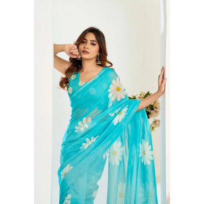 Generic Women's Linen Cotton Printed Ready To Wear Saree With Unstitched Blouse 5.5 Mtr (Aqua_Blue)