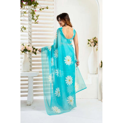 Generic Women's Linen Cotton Printed Ready To Wear Saree With Unstitched Blouse 5.5 Mtr (Aqua_Blue)