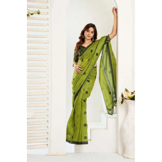 Generic Women's Linen Cotton Printed Ready To Wear Saree With Unstitched Blouse 5.5 Mtr (Green)
