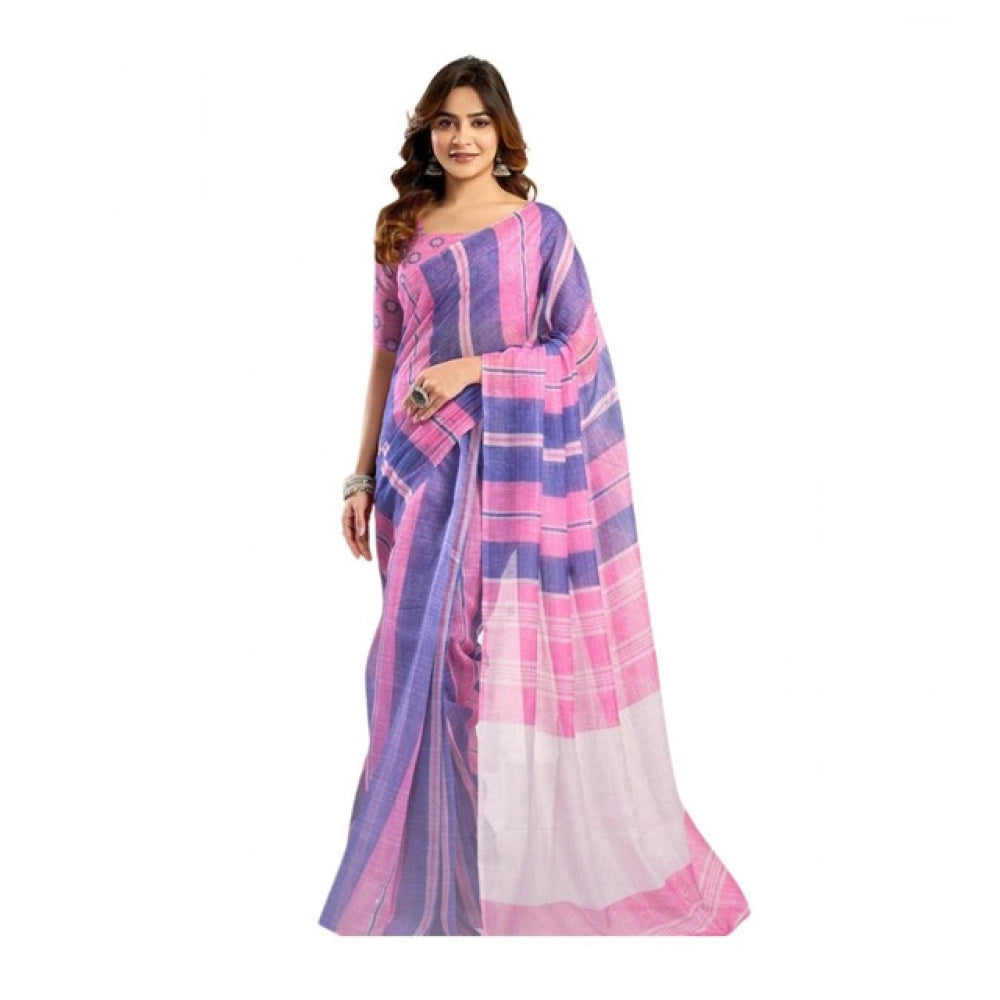 Generic Women's Linen Cotton Printed Ready To Wear Saree With Unstitched Blouse 5.5 Mtr (Pink)