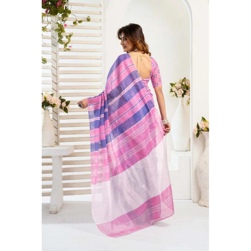 Generic Women's Linen Cotton Printed Ready To Wear Saree With Unstitched Blouse 5.5 Mtr (Pink)