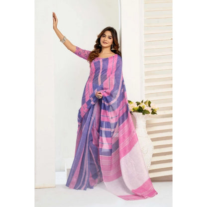 Generic Women's Linen Cotton Printed Ready To Wear Saree With Unstitched Blouse 5.5 Mtr (Pink)