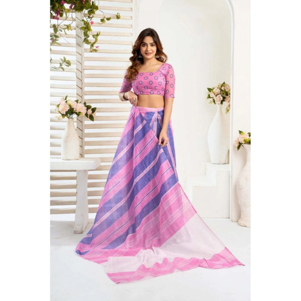 Generic Women's Linen Cotton Printed Ready To Wear Saree With Unstitched Blouse 5.5 Mtr (Pink)