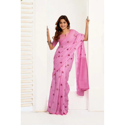 Generic Women's Linen Cotton Printed Ready To Wear Saree With Unstitched Blouse 5.5 Mtr (Light_Pink)