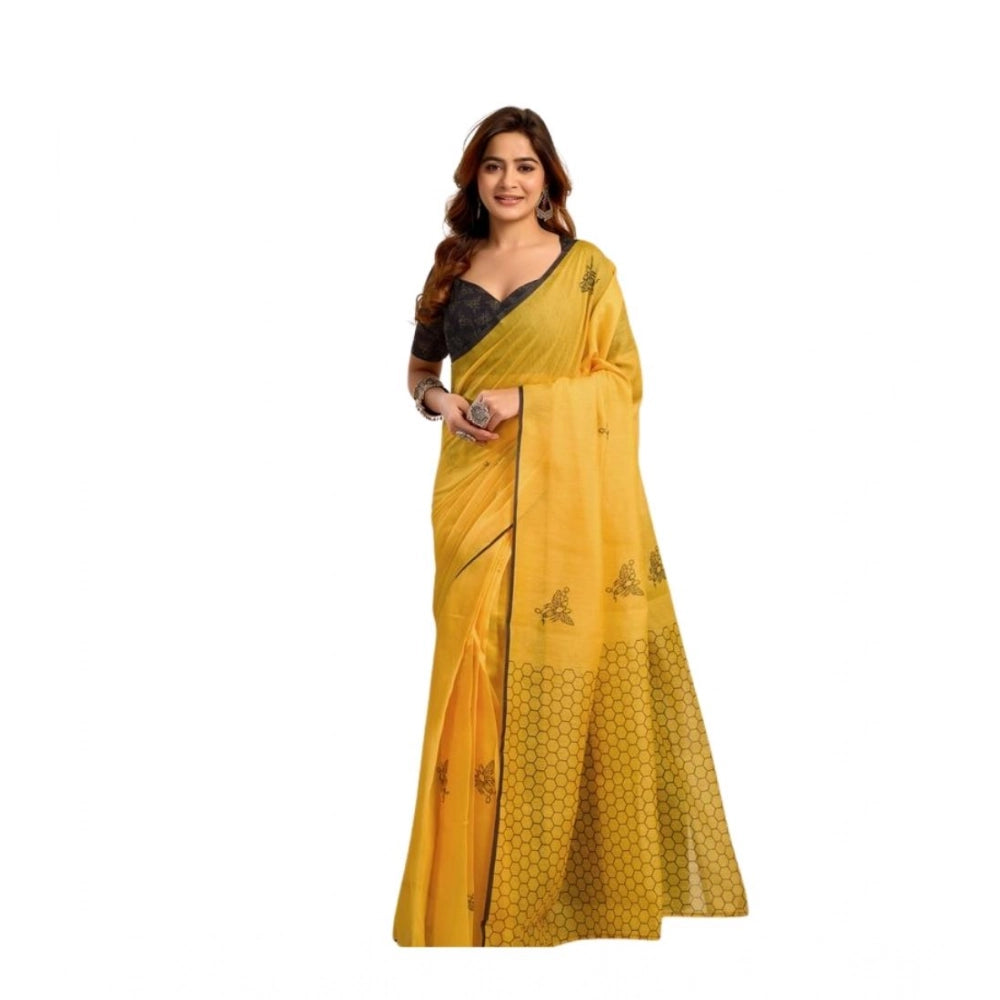 Generic Women's Linen Cotton Printed Ready To Wear Saree With Unstitched Blouse 5.5 Mtr (Yellow)
