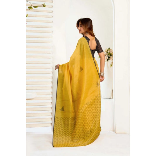 Generic Women's Linen Cotton Printed Ready To Wear Saree With Unstitched Blouse 5.5 Mtr (Yellow)