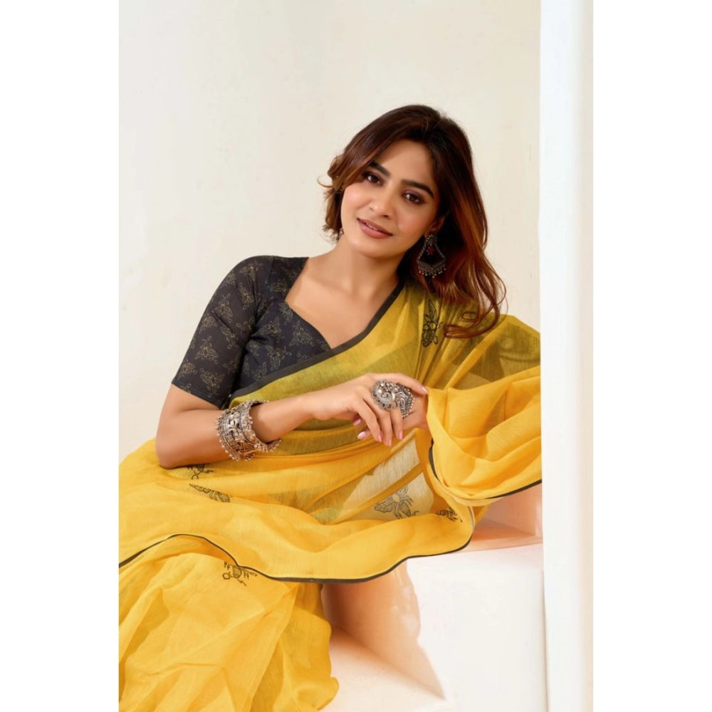Generic Women's Linen Cotton Printed Ready To Wear Saree With Unstitched Blouse 5.5 Mtr (Yellow)