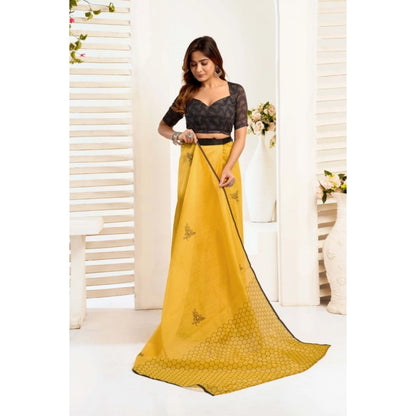 Generic Women's Linen Cotton Printed Ready To Wear Saree With Unstitched Blouse 5.5 Mtr (Yellow)