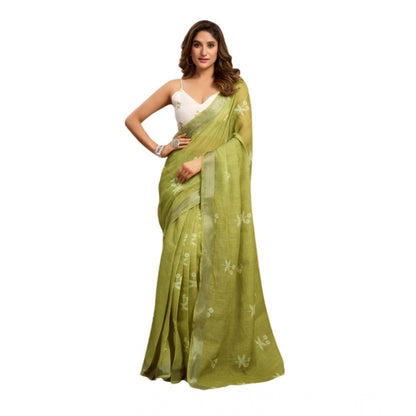 Generic Women's Linen Cotton Printed Ready To Wear Saree With Unstitched Blouse 5.5 Mtr (Light_Green)