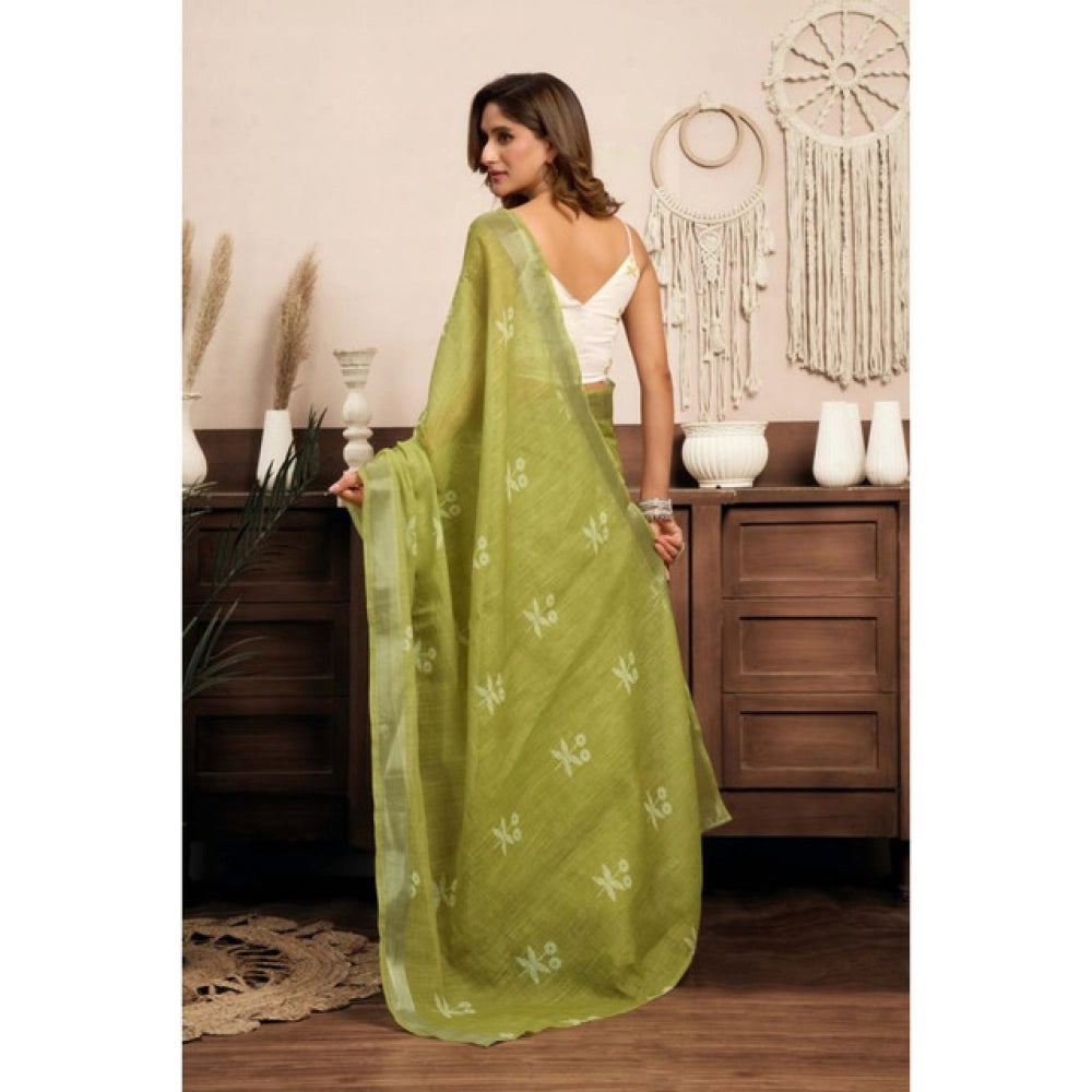 Generic Women's Linen Cotton Printed Ready To Wear Saree With Unstitched Blouse 5.5 Mtr (Light_Green)