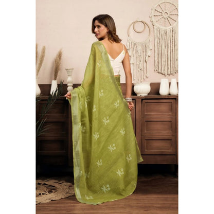 Generic Women's Linen Cotton Printed Ready To Wear Saree With Unstitched Blouse 5.5 Mtr (Light_Green)