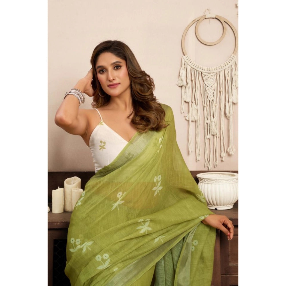 Generic Women's Linen Cotton Printed Ready To Wear Saree With Unstitched Blouse 5.5 Mtr (Light_Green)