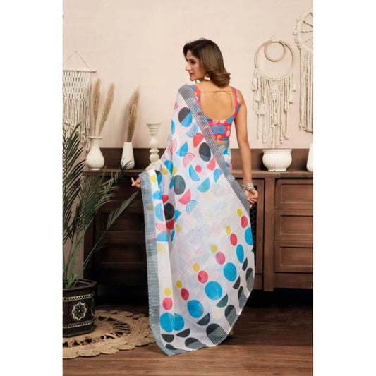 Generic Women's Linen Cotton Printed Ready To Wear Saree With Unstitched Blouse 5.5 Mtr (Multicolor)