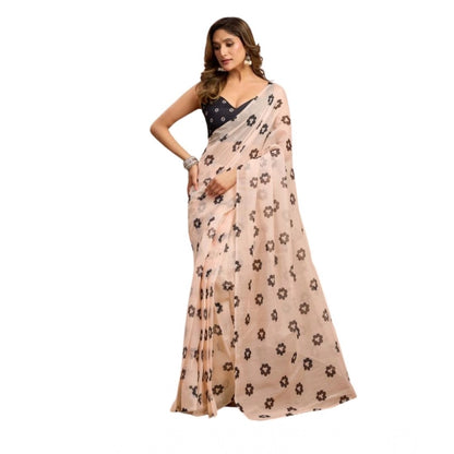 Generic Women's Linen Cotton Printed Ready To Wear Saree With Unstitched Blouse 5.5 Mtr (Light_Peach)