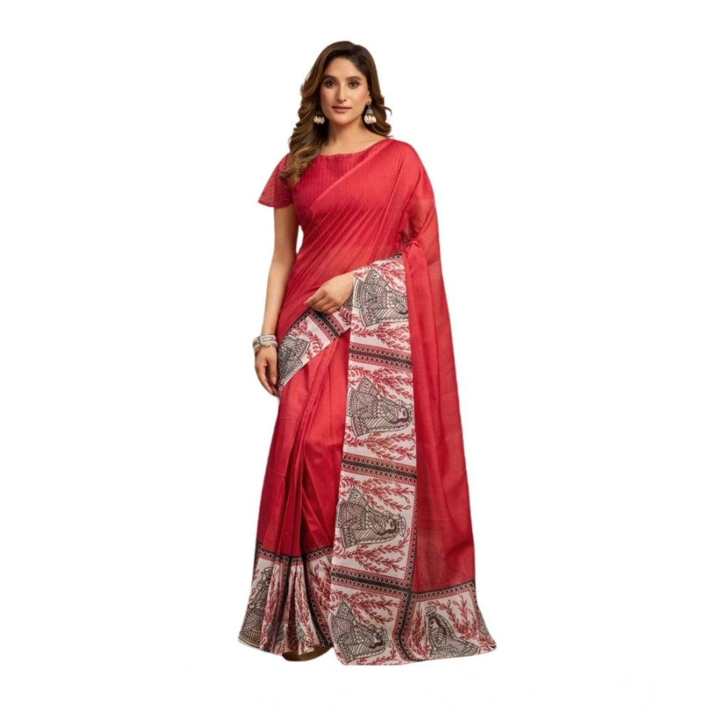 Generic Women's Linen Cotton Printed Ready To Wear Saree With Unstitched Blouse 5.5 Mtr (Red)