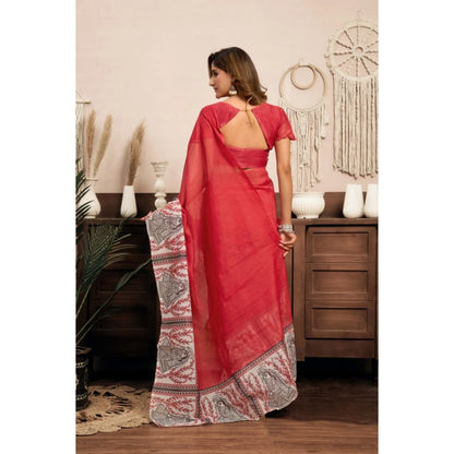 Generic Women's Linen Cotton Printed Ready To Wear Saree With Unstitched Blouse 5.5 Mtr (Red)