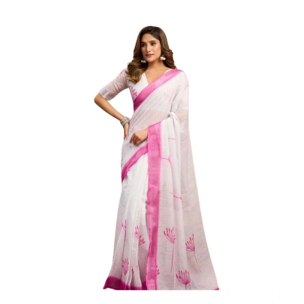 Generic Women's Linen Cotton Printed Ready To Wear Saree With Unstitched Blouse 5.5 Mtr (Light_White)