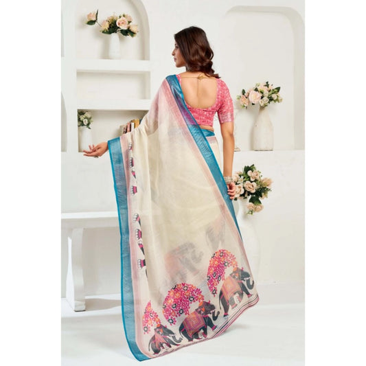 Generic Women's Linen Cotton Printed Ready To Wear Saree With Unstitched Blouse 5.5 Mtr (Cream)