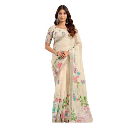 Generic Women's Linen Cotton Printed Ready To Wear Saree With Unstitched Blouse 5.5 Mtr (Light_Beige)